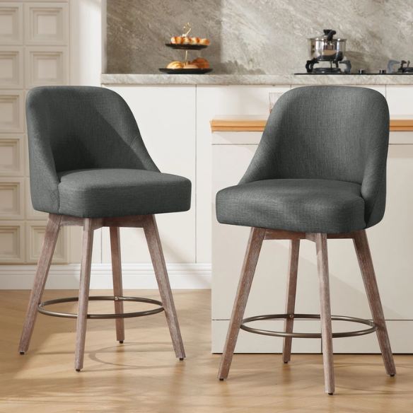 Modern Counter Height Swivel Bar Stool – Upholstered Faux Leather/Polyester Blend Seat, Solid Beech Wood Frame, Ergonomic High Back, Bronze Metal Footrest, 300lb Capacity for Kitchen, Bar, or Pub