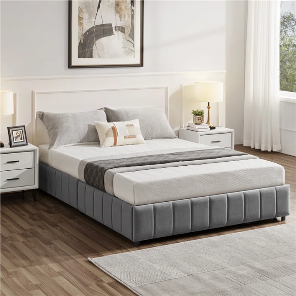 King Size Upholstered Platform Storage Bed with Velvet Fabric, Channel-Tufted Accents, and Built-In Drawers for Extra Storage
