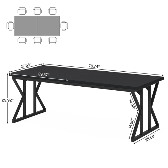 Farmhouse Dining Table for 6-8 People – Rectangular Wood Kitchen Table with X-Shaped Accents, Spacious & Multifunctional for Dining, Office, or Gathering
