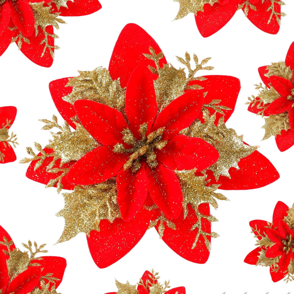 Gold & Red Glitter Poinsettia Christmas Flowers – Elegant Artificial Holiday Décor (5 Pieces)