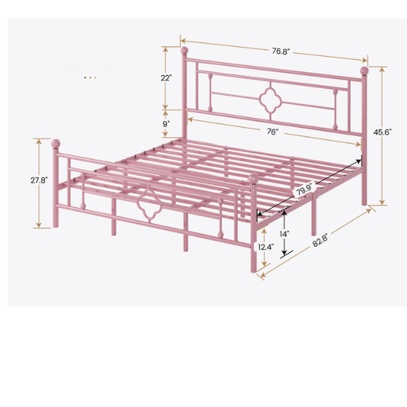 Elegant Metal Open-Frame Platform Bed with Quatrefoil Design and Classic Finial Posts – Timeless French Country Style with Under-Bed Storage