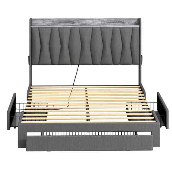 Upholstered Full/Double Bed Frame with 3 Drawers, Storage Headboard & Built-In Charging Station – Stylish & Functional Design