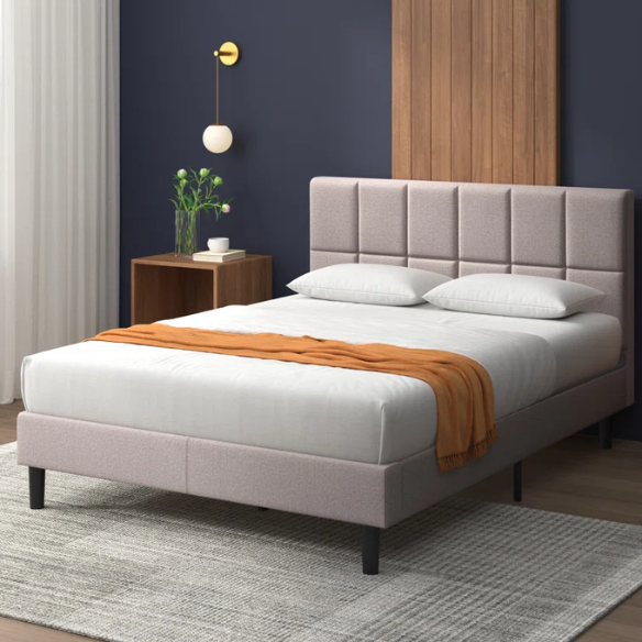 Modern King Size Upholstered Low Profile Platform Bed – Square-Tufted Headboard, Durable Steel Frame