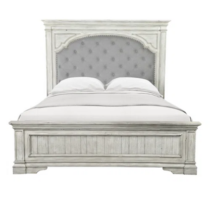 3-Piece Rustic Upholstered Panel Queen Bedroom Set in Driftwood Grey or Rustic Ivory – Includes Nightstand, Double Dresser with Mirror, and Button-Tufted Bed with Nailhead Trim