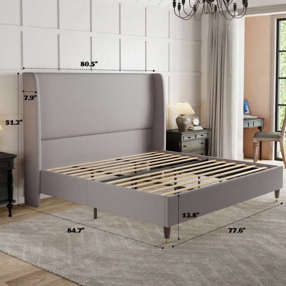 King Size Upholstered Platform Bed with Wingback Design, Foam-Padded Linen Headboard, and Steel Reinforced Frame