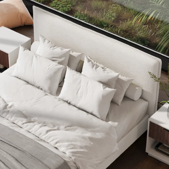 Luxurious King Size Flange-Edge Bouclé Bed Frame with Padded Headboard – Soft, Textured Fabric, Solid Wood Support