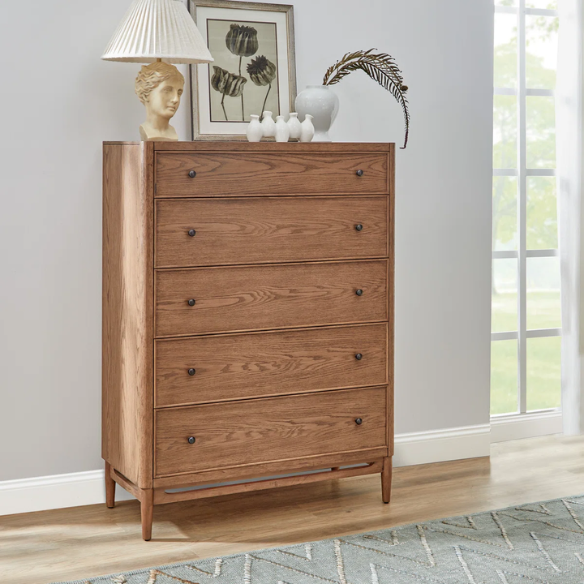 4-Piece Queen Bedroom Set with Panel Bed, 2 Nightstands, and Chest – Medium Brown Oak Finish