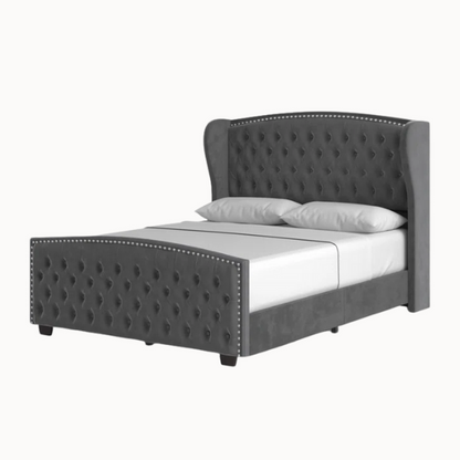 Velvet Queen Size Bed with Button Tufted Upholstery, Nailhead Trim, and Wingback Headboard