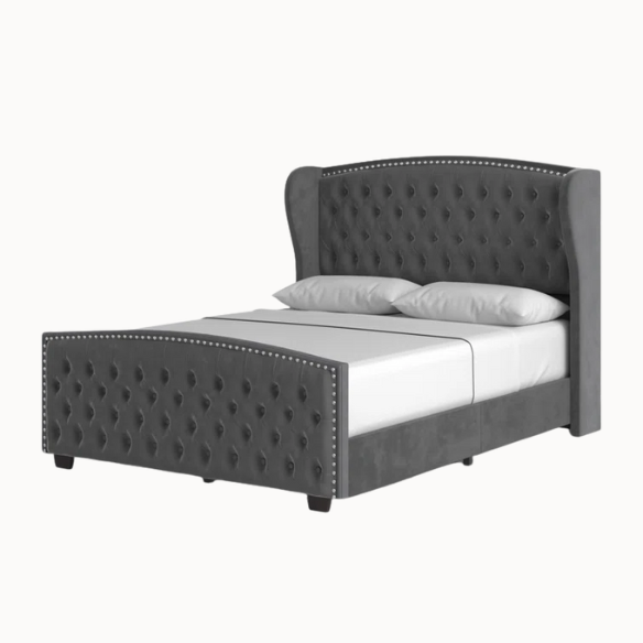 Velvet Queen Size Bed with Button Tufted Upholstery, Nailhead Trim, and Wingback Headboard