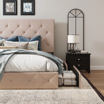 Queen Size Upholstered Platform Storage Bed with Tufted Button Accent Design