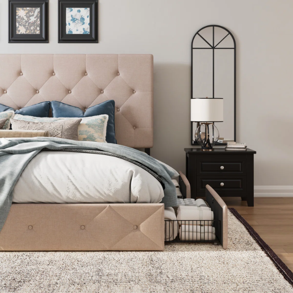 Queen Size Upholstered Platform Storage Bed with Tufted Button Accent Design