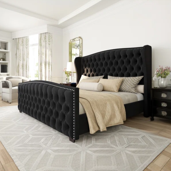 Velvet Queen Size Bed with Button Tufted Upholstery, Nailhead Trim, and Wingback Headboard