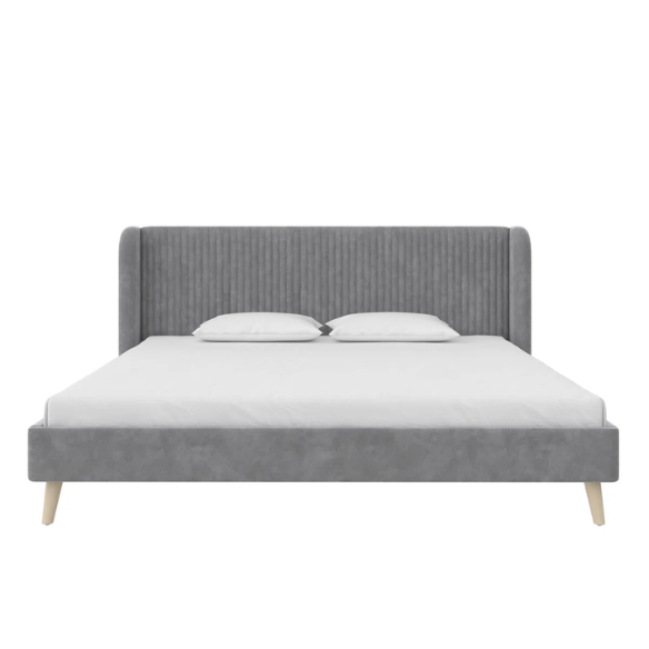 King Size Upholstered Wingback Platform Bed – Luxe Velvet Headboard with Vertical Tufting, Mid-Century Modern Design, and Space-Saving Wooden Frame