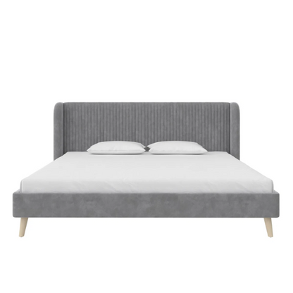 King Size Upholstered Wingback Platform Bed – Luxe Velvet Headboard with Vertical Tufting, Mid-Century Modern Design, and Space-Saving Wooden Frame