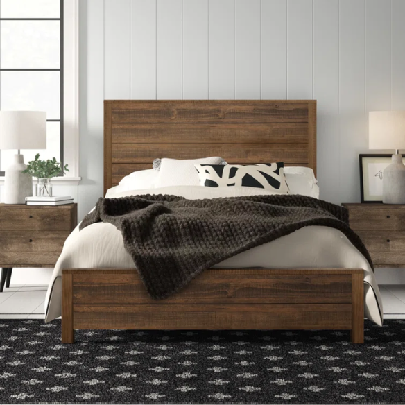 Rustic Solid Pine Wood King Size Panel Bed with Distressed Finish and Streamlined Headboard