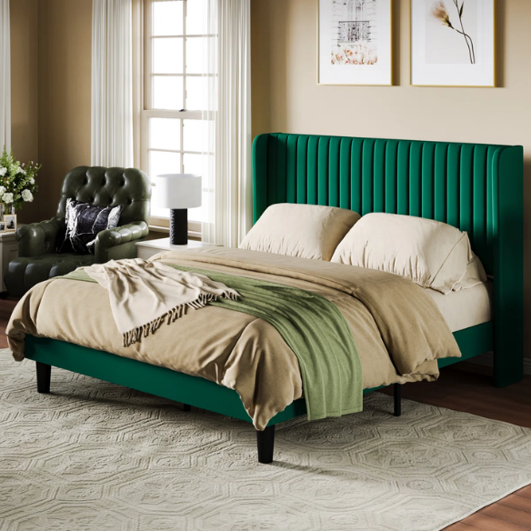 Luxurious King Size Upholstered Velvet Platform Bed with Modern Wingback Headboard – Heavy-Duty Steel Frame, No Box Spring Needed, and Ample Under-Bed Storage