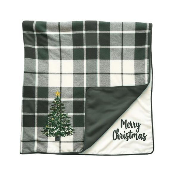 Holiday Plaid Throw Blanket with Christmas Tree and Gold Star