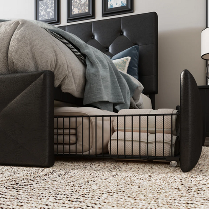 Queen Size Upholstered Platform Storage Bed with Tufted Button Accent Design