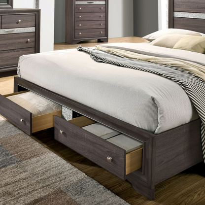 Modern Style 2-Piece Grey Storage Platform Bedroom Set with Panel Bed, Nightstand, and Sleek Silver Accents