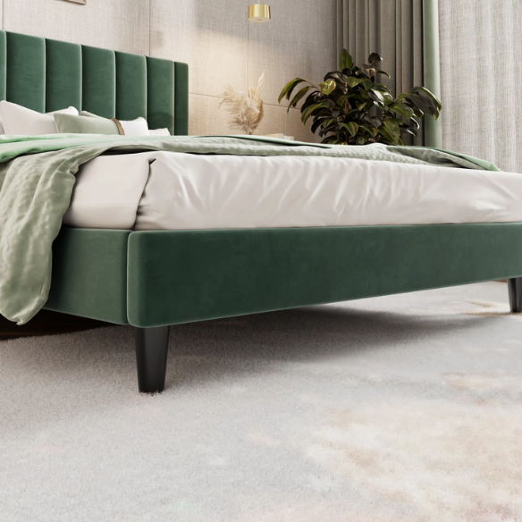 Luxurious Upholstered Platform Bed – Full/Double Size with Velvet Upholstery and Striped Headboard for Elegant Comfort