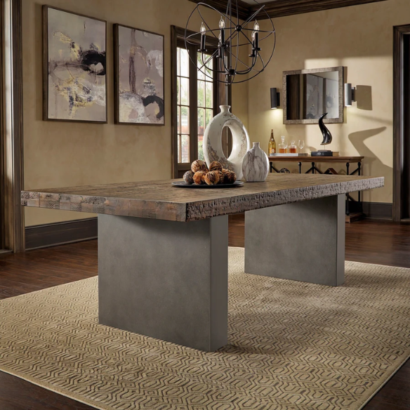 Reclaimed Wood and Concrete Dining Table – Chic, Artisan Crafted Brown Dining Table with Concrete and Hand-Finished Reclaimed Wood Base, Perfect for Modern Dining Spaces