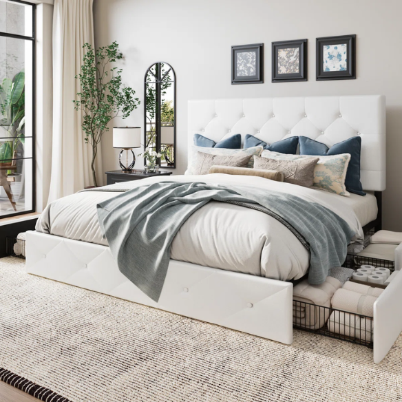 King Size Upholstered Platform Bed with Storage Drawers, Padded Headboard, and Sophisticated Button Tufting