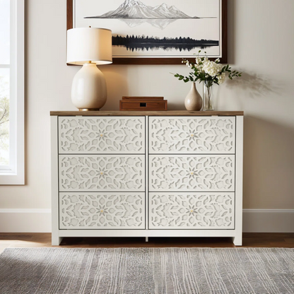 Boho-Inspired 45.4" 6-Drawer Dresser with Distressed Finish and Openwork Floral Details