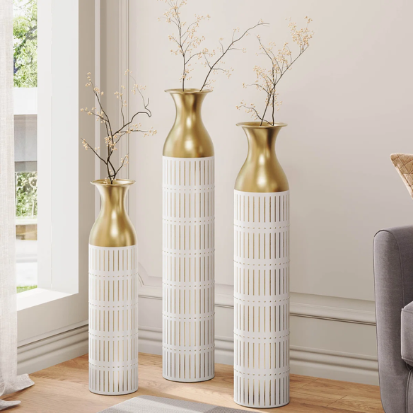 Elegant White and Gold Floor Vase Set (3-Piece) – Large Metal Vases with Embossed Stripe Pattern and Antique White Finish, Timeless Décor for Any Space