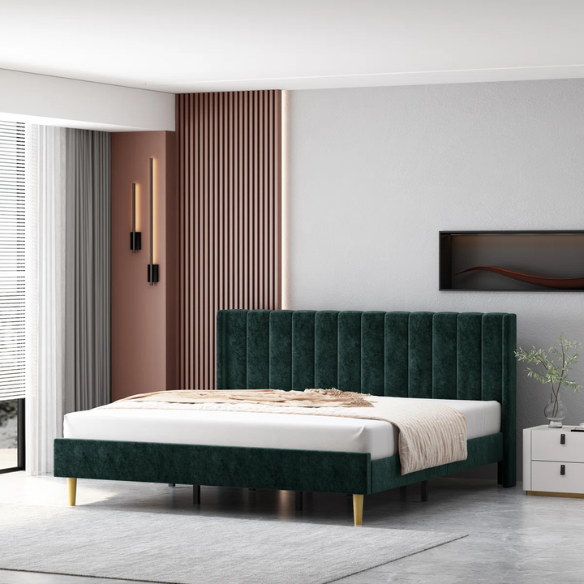 Luxury Corduroy Upholstered King Size Platform Bed Frame - Stylish Modern Wingback Design with Ultimate Comfort
