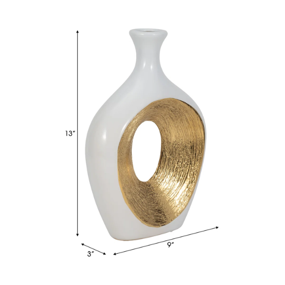 Abstract Sculptural Ceramic Vase with Unique Oval Cut-Out Design – 13" Modern Beaded Accent Vase for Tabletop or Shelf Décor, Ideal for Faux Florals and Statement Styling
