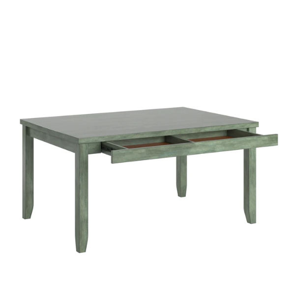 Solid Wood Rectangular Dining Table with Two Drawers – Distressed Finish, Rubberwood Construction, and Organized Storage