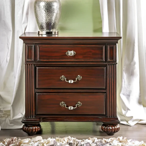 Elegant Traditional 4-Piece Walnut Wood Poster Bedroom Set with Floral Carved Headboard and Fluted Detailing