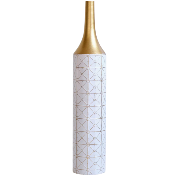 Elegant Ornate Metal Floor Vase Set (3-Piece) – Gilded Starry Grid Design, Tall Tulip-Shaped Vases with White and Gold Finish, Ideal for Dried Flowers or Stylish Décor