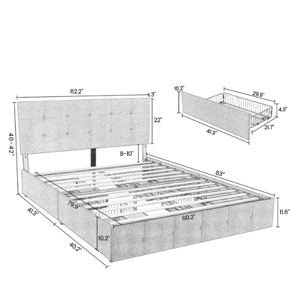 Queen Size Upholstered Platform Storage Bed with Tufted Button Accent Design