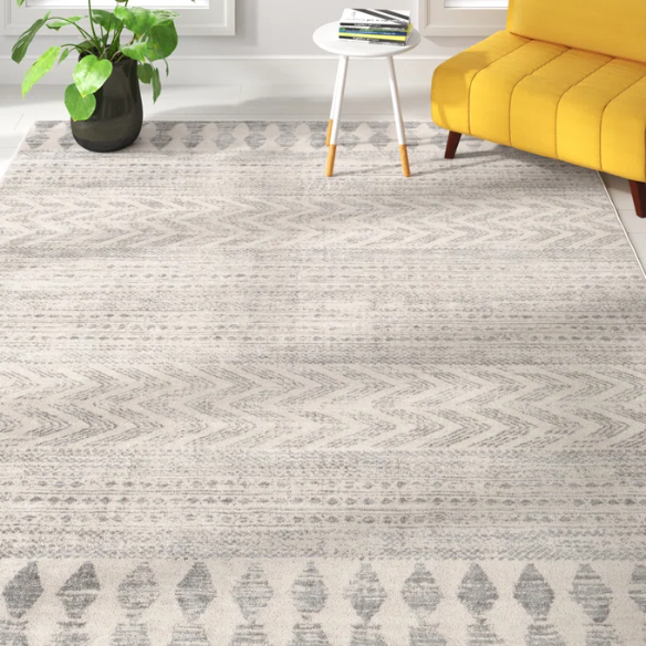 Southwestern-Inspired Geometric Rug – Gray Diamond, Chevron & Dot Patterns on Off-White, Stain-Resistant, Perfect for High-Traffic Areas