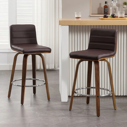 Mid-Century Modern Faux Leather Swivel Counter/Bar Stools – 360° Swivel, Padded PU Leather Seat & Back, Durable Bentwood Legs, Metal Footrest, Supports Up to 440lbs for Home Bar or Kitchen