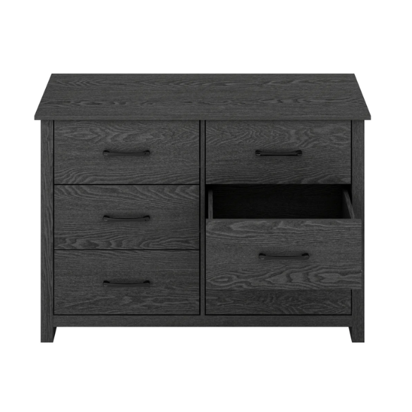 Modern 6-Drawer Double Dresser with Flared Feet and Sleek Black Metal Handles