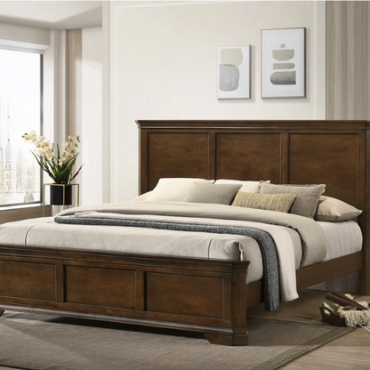 Transitional 6-Piece Bedroom Set with Panel Bed, Dresser, Mirror, Chest, and Nightstands – Featuring Trio Panel Headboard and Footboard, Dust-Proof Drawers, Dual-Tone Finish, and Dark Nickel Hardware for a Stylish and Functional Bedroom