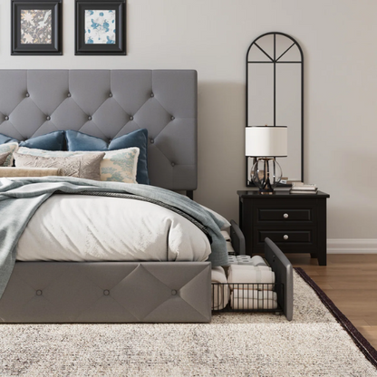 Button Tufted Upholstered Platform Storage Bed – Full Double Size with Spacious Drawers