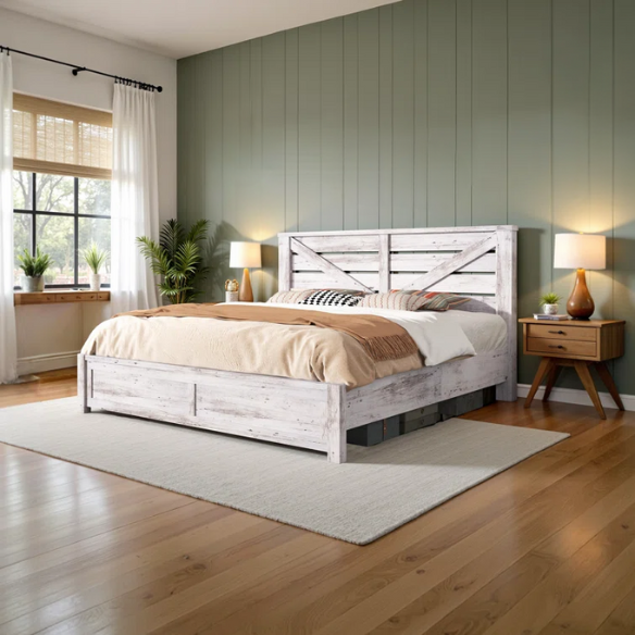 Farmhouse Classic Bed Frame with 49.2" Barn Door-Inspired Headboard, Ample Under-Bed Storage, Sturdy Metal Frame, and Silent Cotton Padding for Peaceful Sleep