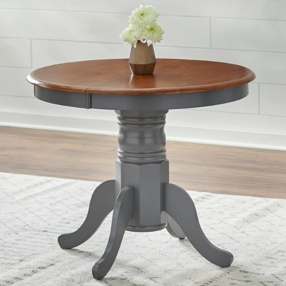 Farmhouse Solid Rubberwood Dining Table with 22-Inch Extension Leaf – Pedestal Base, Seats 6, Available in Oak, Matte Black, White/Natural, Grey/Walnut Finishes