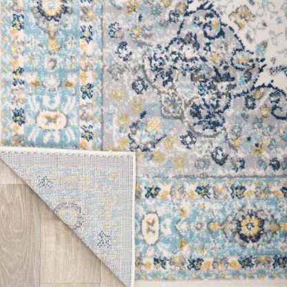 Distressed Oriental-Inspired Indoor Rug – Blue, Yellow & Cream Medallion Pattern, Stain-Resistant, Fade-Resistant, Perfect for Traditional & French Country Décor