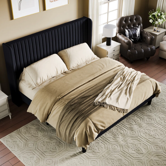 Luxurious King Size Upholstered Velvet Platform Bed with Modern Wingback Headboard – Heavy-Duty Steel Frame, No Box Spring Needed, and Ample Under-Bed Storage
