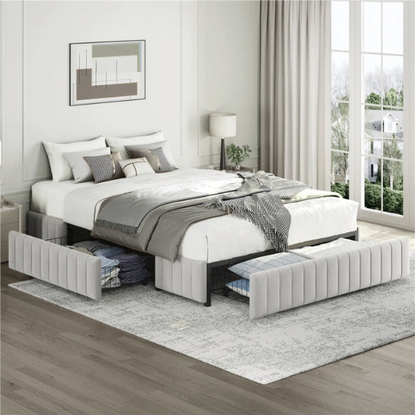 King Size Upholstered Platform Storage Bed with Velvet Fabric, Channel-Tufted Accents, and Built-In Drawers for Extra Storage
