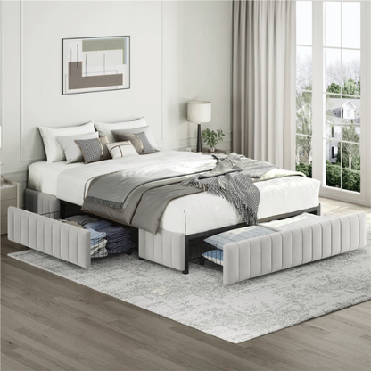 King Size Upholstered Platform Storage Bed with Velvet Fabric, Channel-Tufted Accents, and Built-In Drawers for Extra Storage