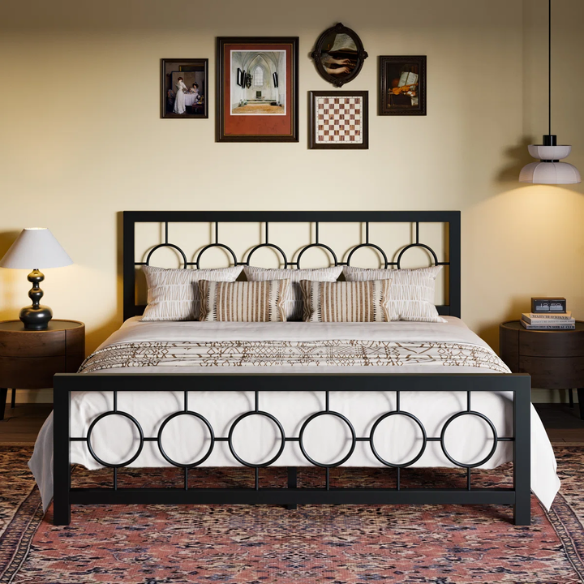 Modern King Size Metal Open-Frame Platform Bed with Art Deco-Inspired Circle Medallion Details – Sleek, Clean-Lined Design with Sturdy Metal Frame and Minimalist Aesthetic