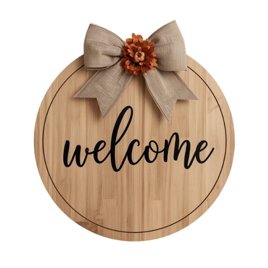 Elegant Round Wooden Black Script 'Welcome' Sign