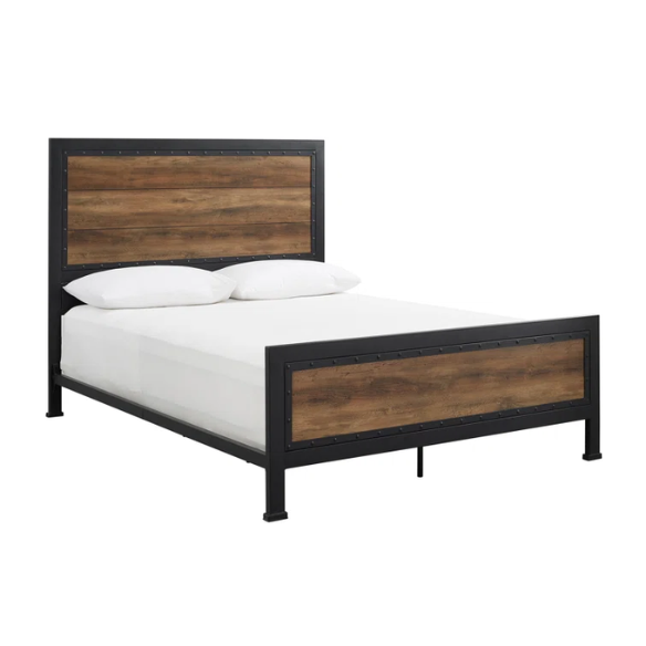 Rustic Industrial Queen Size Bed with Wood-Look Center – Sturdy and Stylish Design