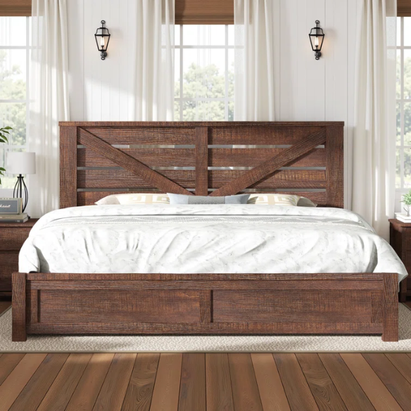 Farmhouse Classic Bed Frame with 49.2" Barn Door-Inspired Headboard, Ample Under-Bed Storage, Sturdy Metal Frame, and Silent Cotton Padding for Peaceful Sleep