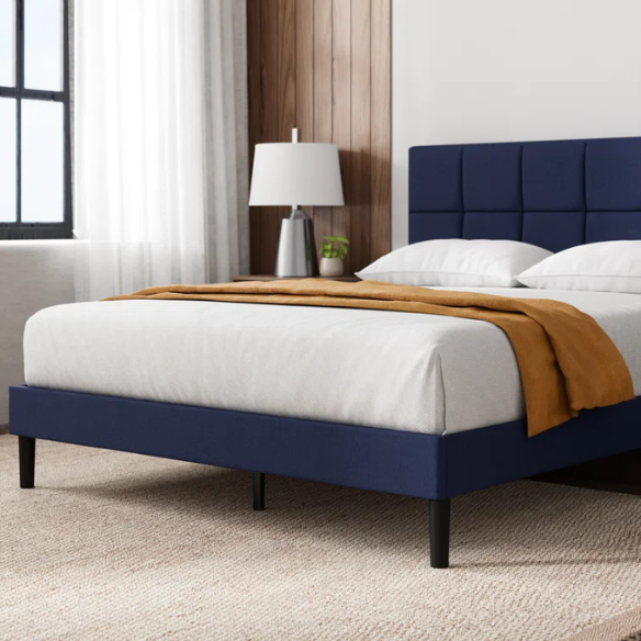Modern King Size Upholstered Low Profile Platform Bed – Square-Tufted Headboard, Durable Steel Frame